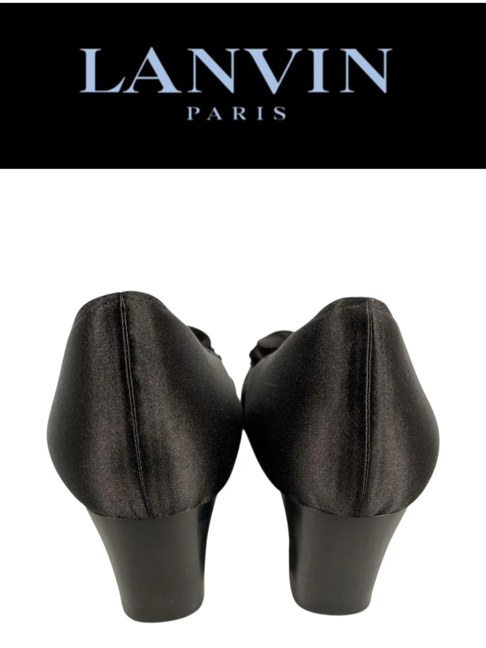 Lanvin Paris Black Satin Rosette Bow Pumps Chunky Block Heel Size 41 Authentic